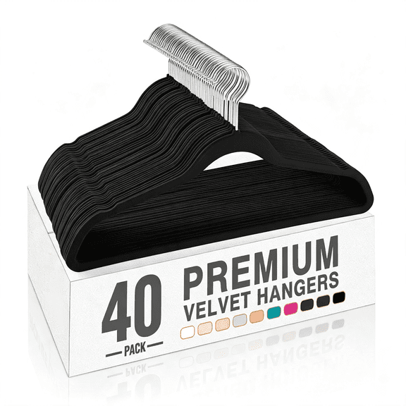 XIBUFE Black Velvet Hangers 40 Pack, Non Slip Clothes Felt Hanger Heavy Duty for Coat, Premium Slim Space Saving Suit Hangers for Closet Organizer, 360° Rotating Silver Hook