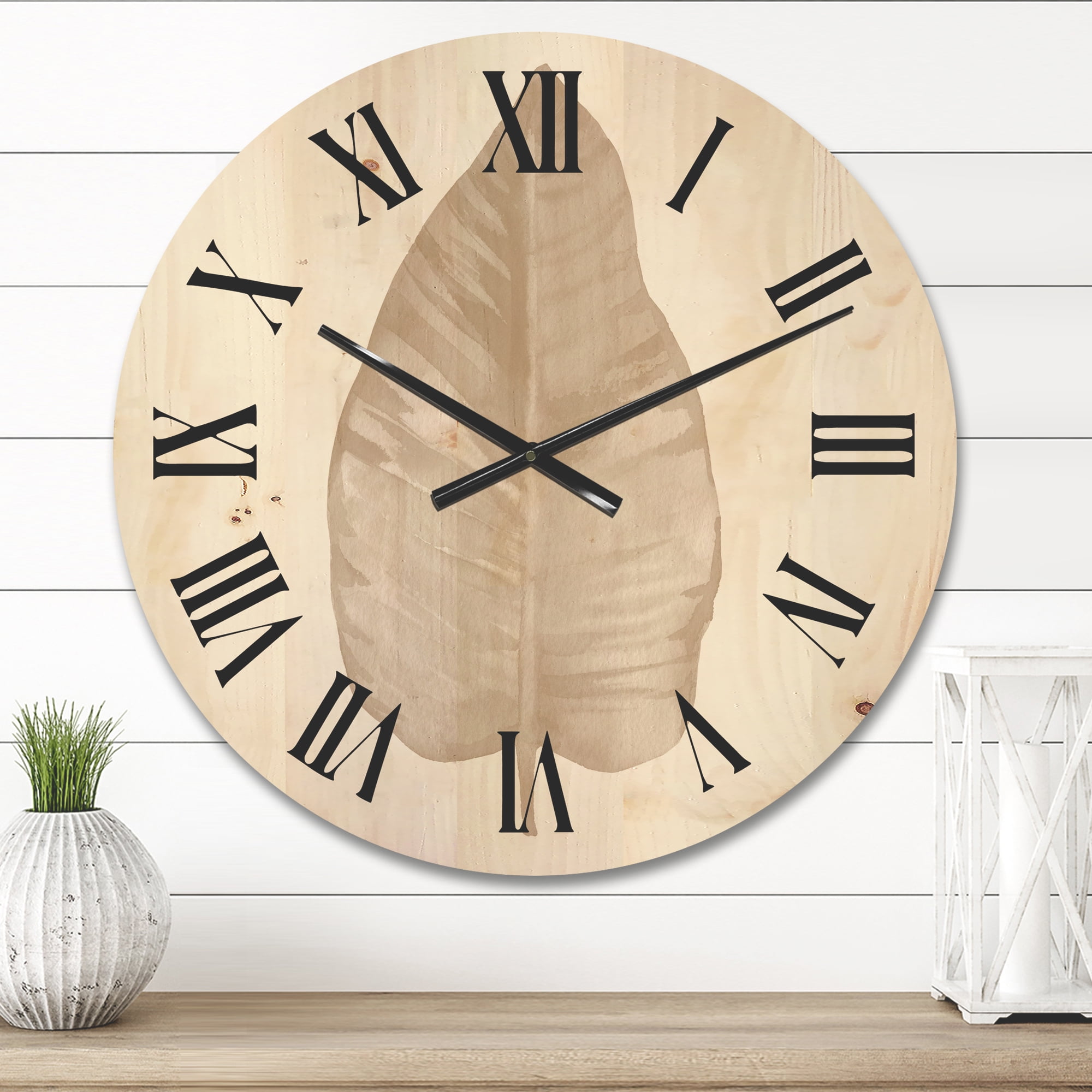 Designart 'Dried Leaf Plant Beige On White Background' Traditional Wood Wall Clock