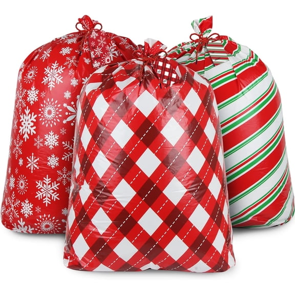 44"x36" Extra Large Christmas Gift Bags,3Pcs Jumbo Xmas Bags Plastic Giant Sacks with Tag Cards and Ties for Kids Christmas Presents Wrapping Supplies