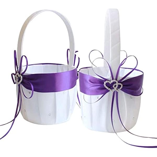 wonima44 2PCS Wedding Flower Girl Baskets,White Satin Flower Storage Basket with Double Heart Rhinestone Craft for Engagement Ceremony Party Decor (Purple)
