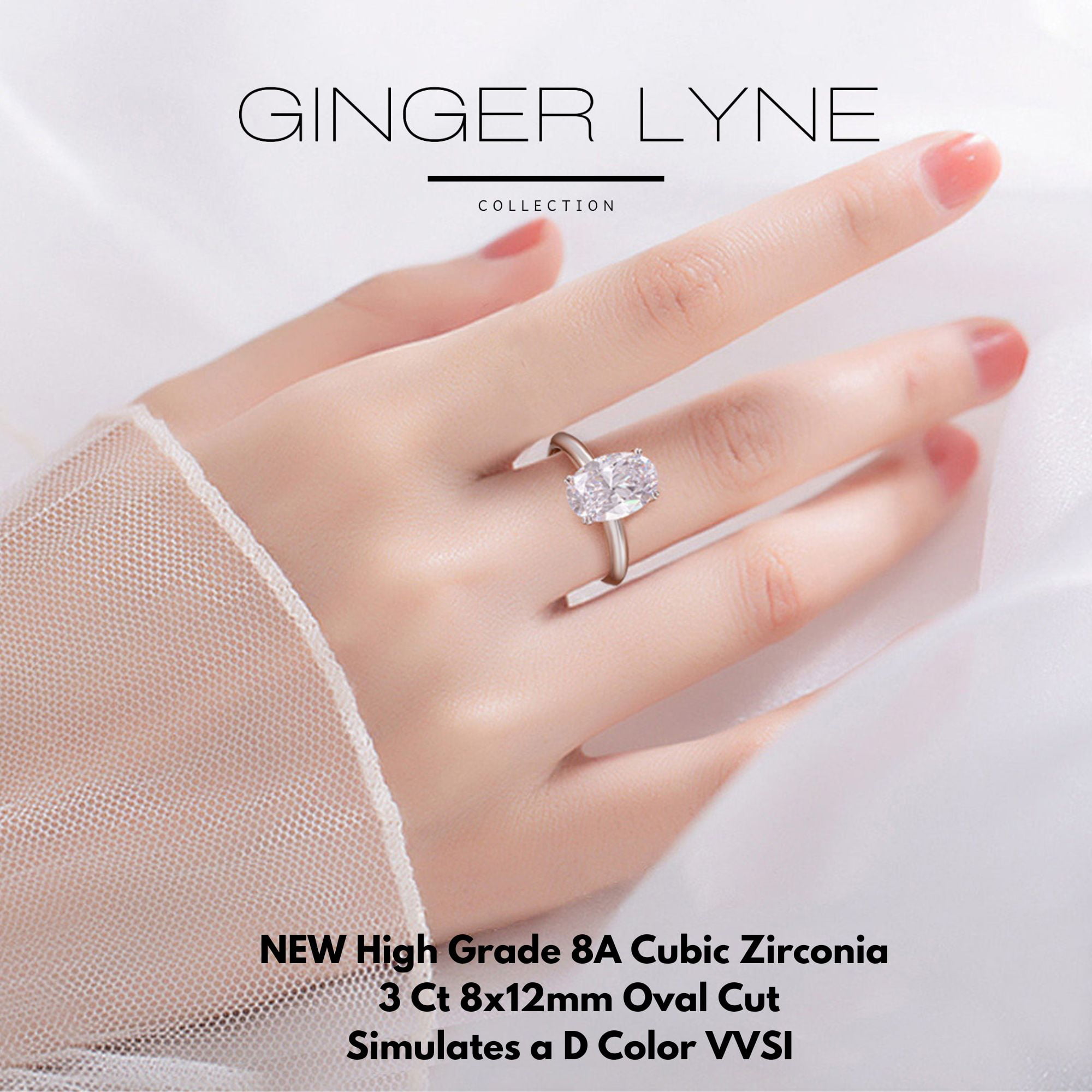 Solitaire 3Ct Oval Cut Engagement Ring for Women Sterling Silver 8A CZ Ginger Lyne Collection