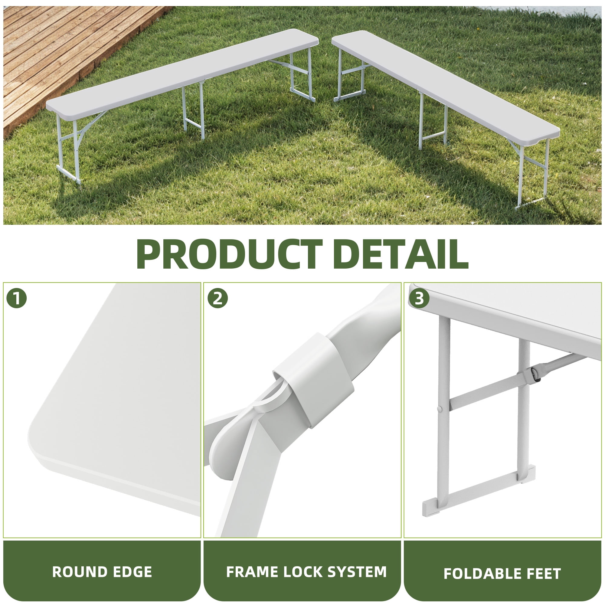 Uforic 2 Pcs 6FT Folding Bench Lightweight Portable Outdoor Bench with Carrying Handle for Dining Camping Picnic BBQ Sports Garden Indoor Outdoor Patio Activities, Whte