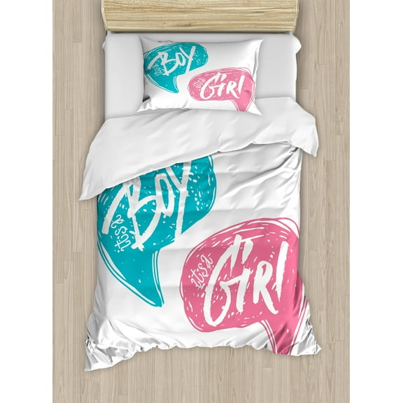 Gender Reveal Duvet Cover Set, Hand Drawn Style Sketch Boy and Girl Letters Shower Art, Decorative 2 Piece Bedding Set with 1 Pillow Shams, Twin Size, White Teal Pink, by Ambesonne