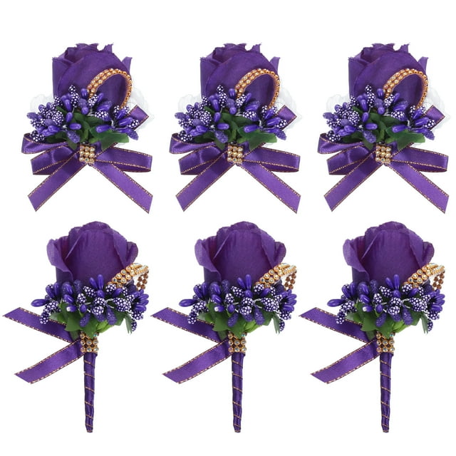 6uds Rosa Boutonnieres y Muñeca Corsage para Hombres Boda Ceremonia Aniversario Formal Cena Fiesta Profundo Púrpura