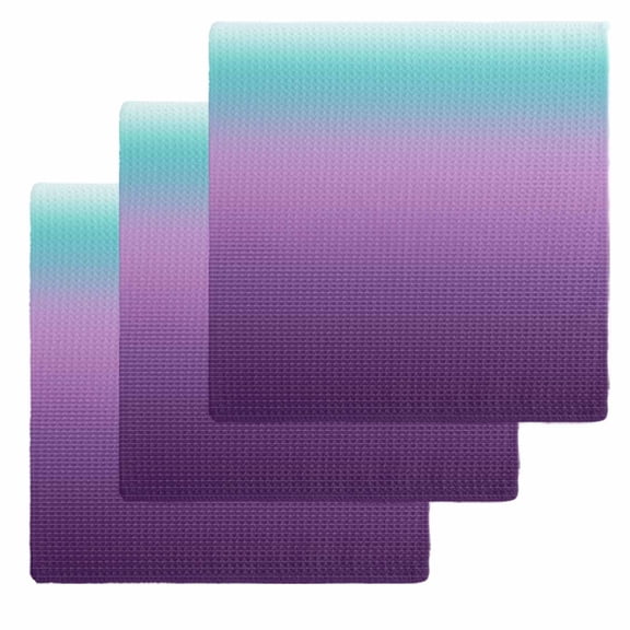 Teal Purple Ombre Kitchen Dish Towels for Drying Dishes Set of 3, Modern Geometric Striped Abstract Art Waffle Weave Microfiber Hand Tea Bathroom Towels Quick Dry & Absorbent Towel 12x12