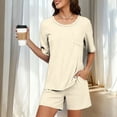 thumbnail image 2 of Gifts Dianli Everyday Loungewear Summer Pajamas Solid Color Short Sleeve Pajama Set Round Neck Top With Pants Lightweight Breathable Cotton Blend Elastic Waist Women's Home Sleepwear, 2 of 8