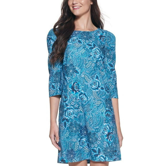 KENSIE Robe Droite pour Femmes Bleue Plissée en Velours Côtelé Doux Manches Bouffantes Col Rond Courte pour le Travail Taille 6