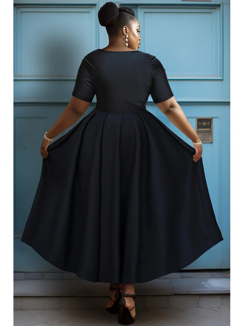 plus size vintage fit and flare dress Zanvylia Plus Size Black Vintage Boat Neck Midi Dress, Short Sleeve 1950s Style Fit-and-Flare Swing Dress, Women's, Size: 4XL