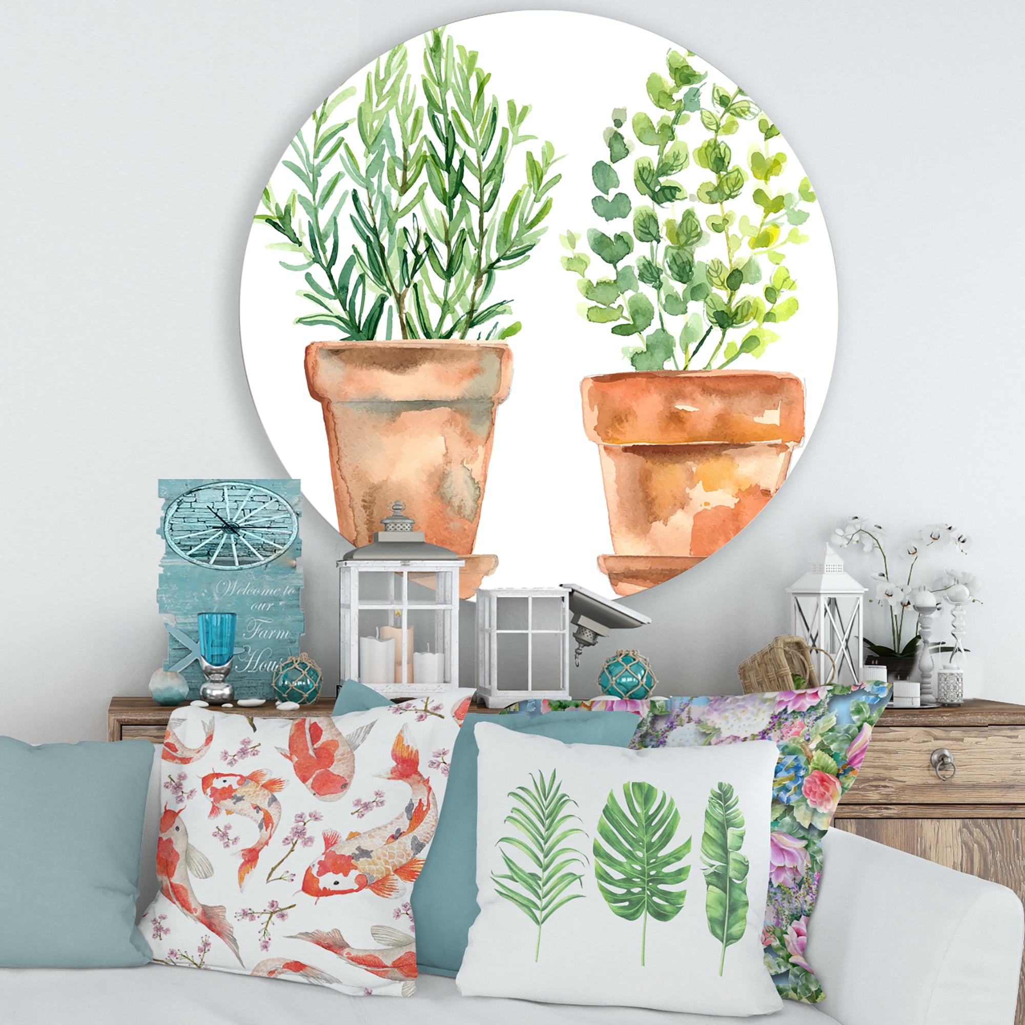 Designart 'Two Green House Plants In Orange Cly Pots' Traditional Circle Metal Wall Art 29x29 - Disc of 29