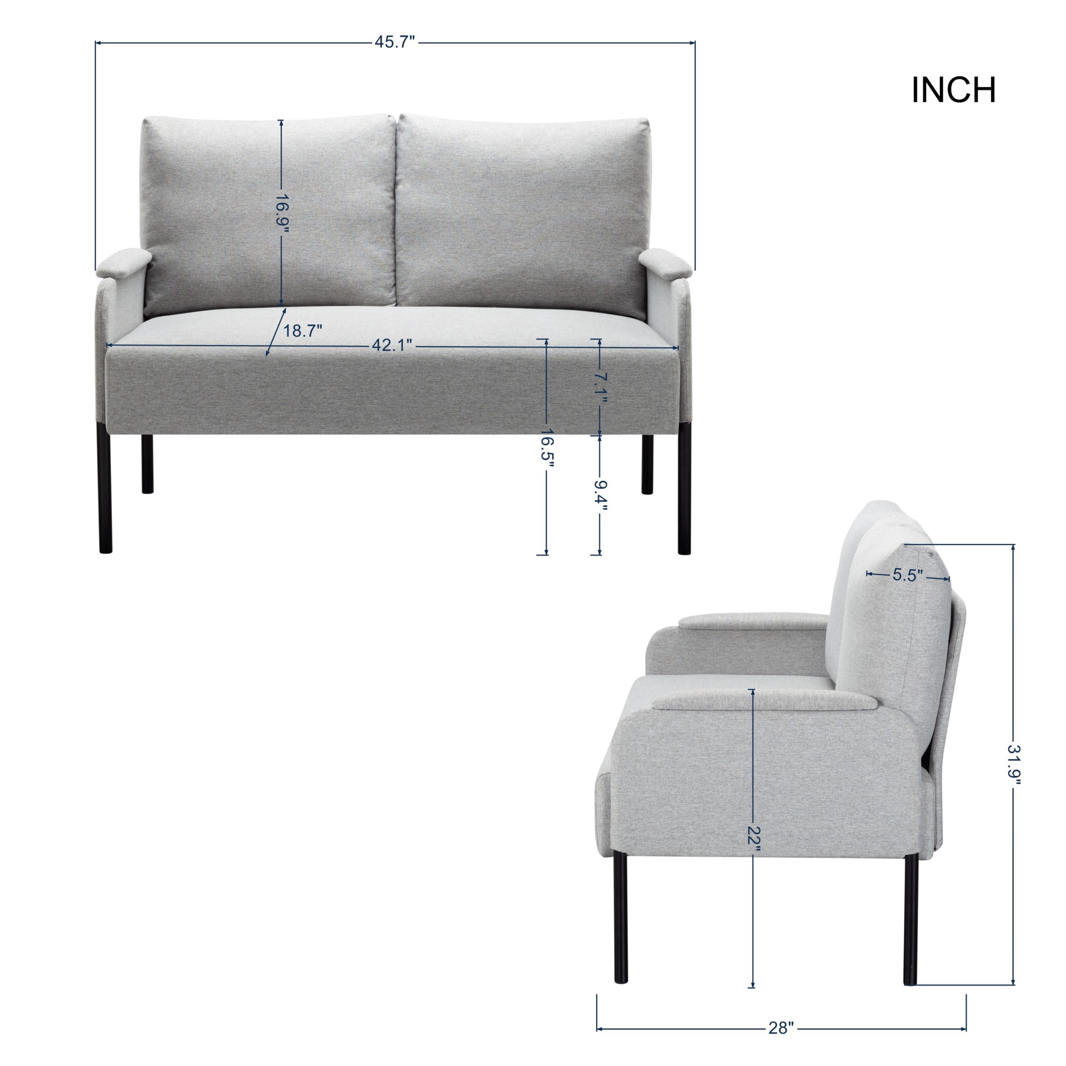 BSHTI 45.7" Metal Frame Loveseat Couch – Solid Wood & Iron Combination, High-Density Foam Seat, Removable Washable Back Cushion, for Small Spaces, Apartments，Pink