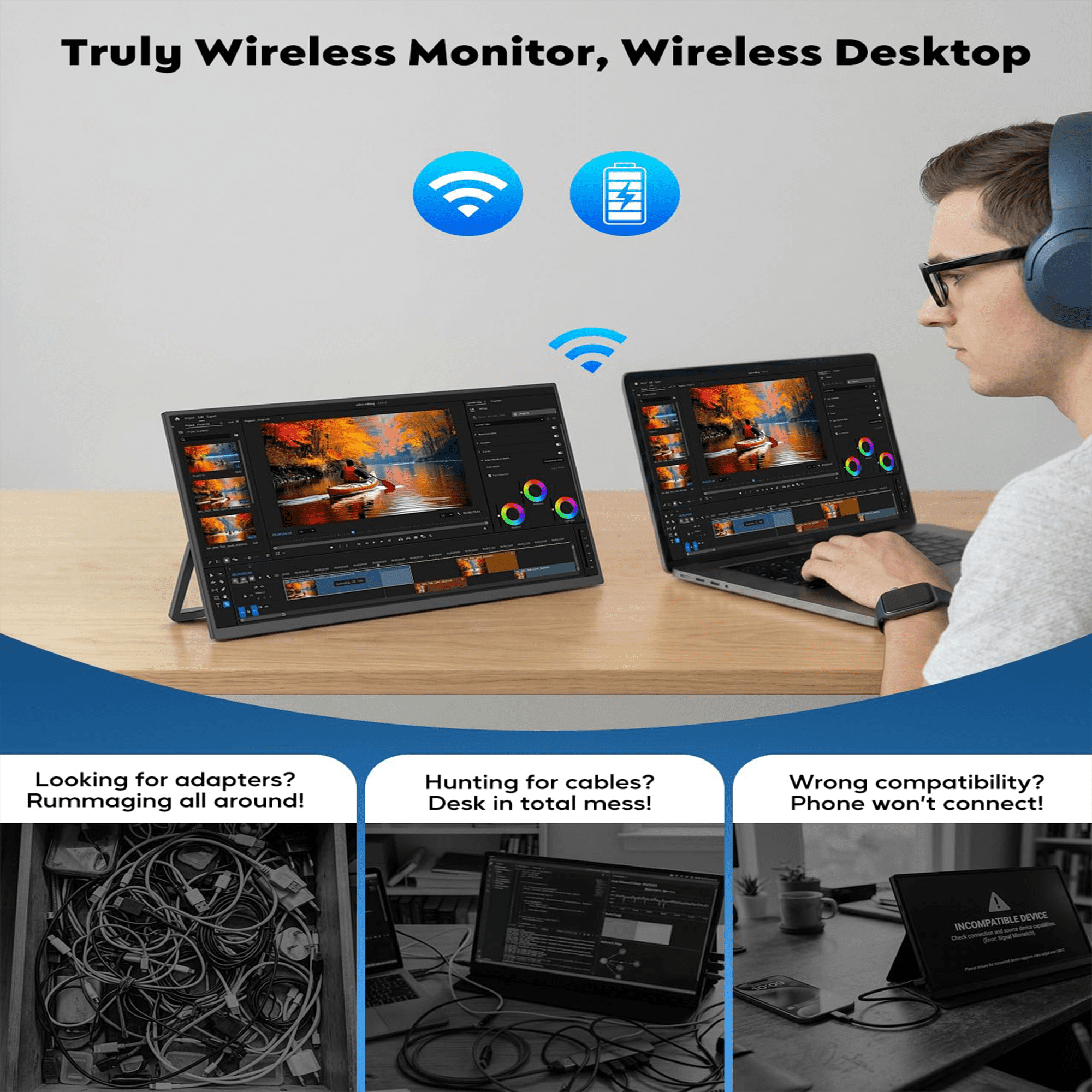 KEEPTIME 8000 mAh Wireless Portable Monitor, 15.6" 1080P IPS Laptop Screen, Second Computer Gaming Display with Speakers, Travel Monitor for Windows/Mac/Android/iOS/Gaming Console