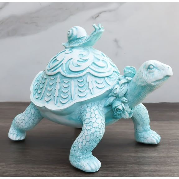 Auspicious Pastel Blue Turtle Tortoise With Patterned Shell And Snail Figurine