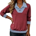 thumbnail image 4 of FAVIPT Women's Denim Patchwork Pullover Lapel Button Down Long Sleeve Shirts Plain Casual Dressy Splicing Tops Red,XL, 4 of 5