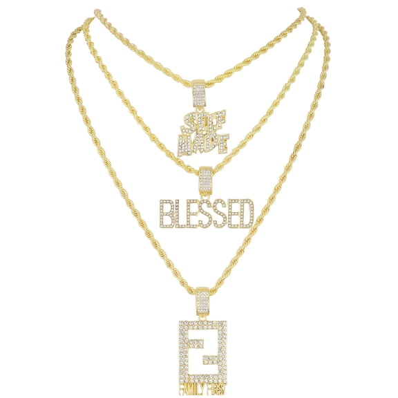 Deck Your Neck with This Iced Out Selection of Layered Hip Hop Word Pendents on Twisted Rope Chains. Elevate Your Look - Shout Out Your Vibe! - GJM Neck 385 GOLD