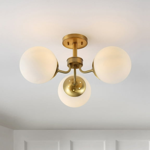 JONATHAN Y Olivier 23.5" 3-Light Bohemian Farmhouse Iron/Frosted Glass LED Semi Flush Mount, Brass Gold, JYL7600A