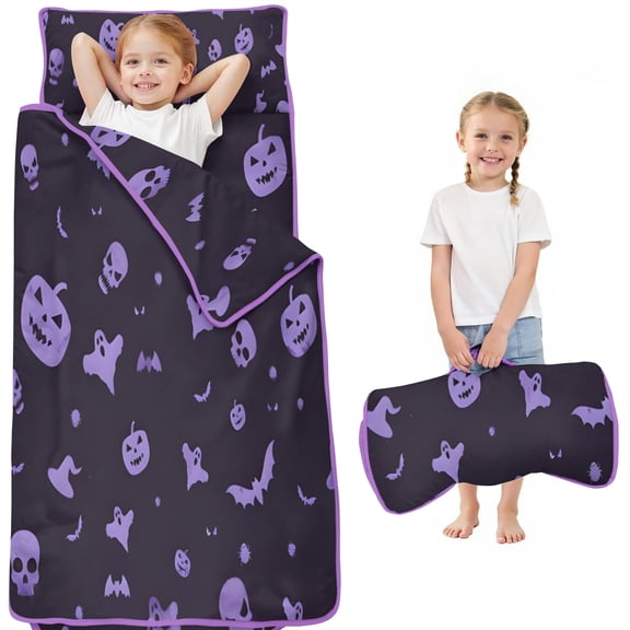 Halloween Purple Spooky Icons Toddler Nap Mats for Kids Preschool,50"x20" Sleeping Mat Bag or Kids,Toddler Sleeping Bag,Toddler Nap Mat or Daycare