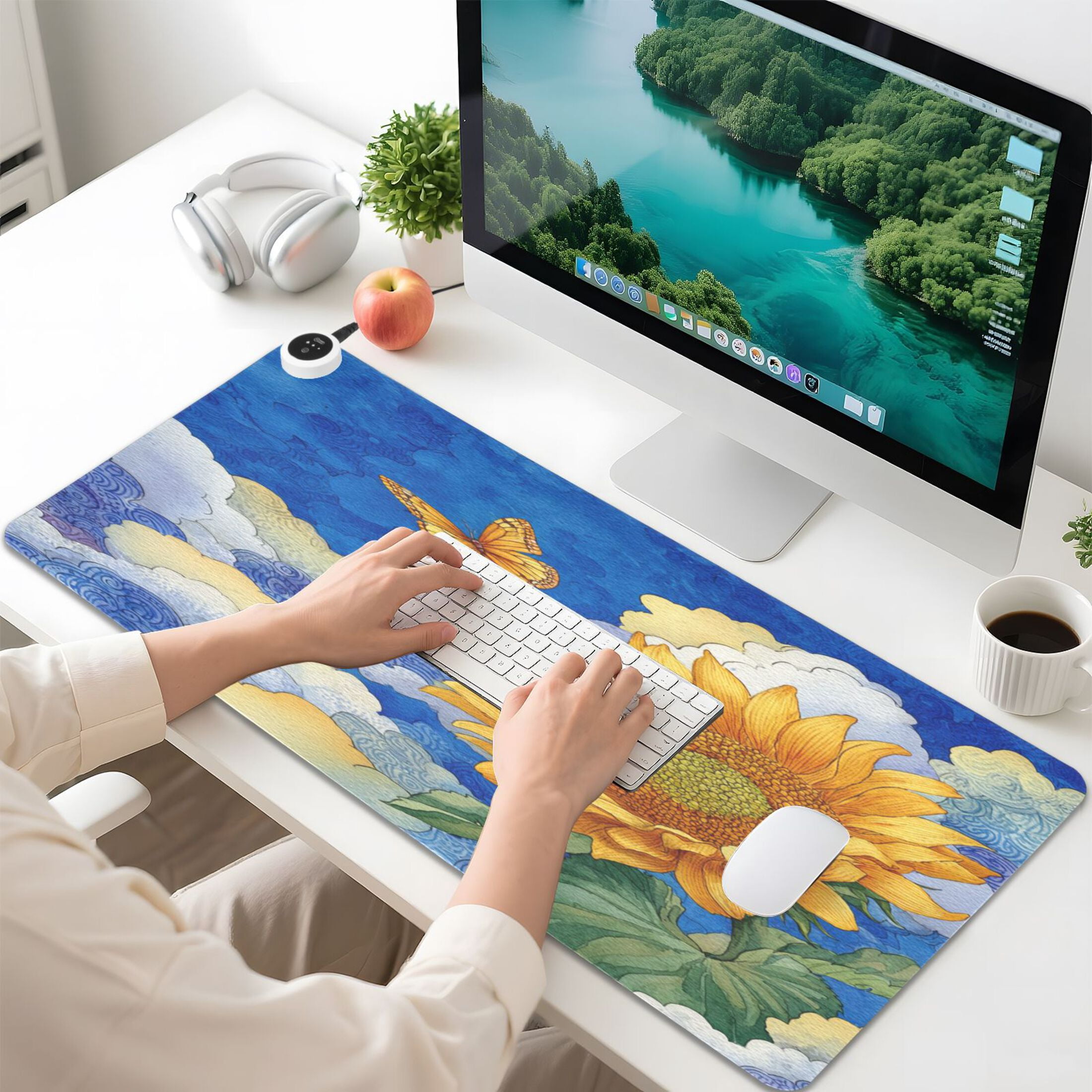 Large Heated Desk Mat Mouse Pad 31.5"x13"PU Leather Graphene Heating Desk Warmer with 3 Temperature Settings 110V US Plug Non-Slip Warm Pad for Home, Office, and Gaming Beautiful Sunflower in The Sky