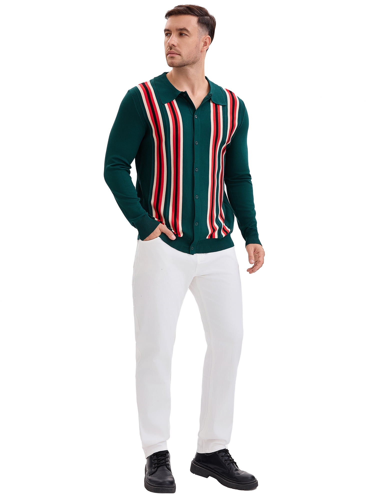 DARING DIVA Men's Long Sleeves Button Down Printing Knitted Polo Shirts M Green
