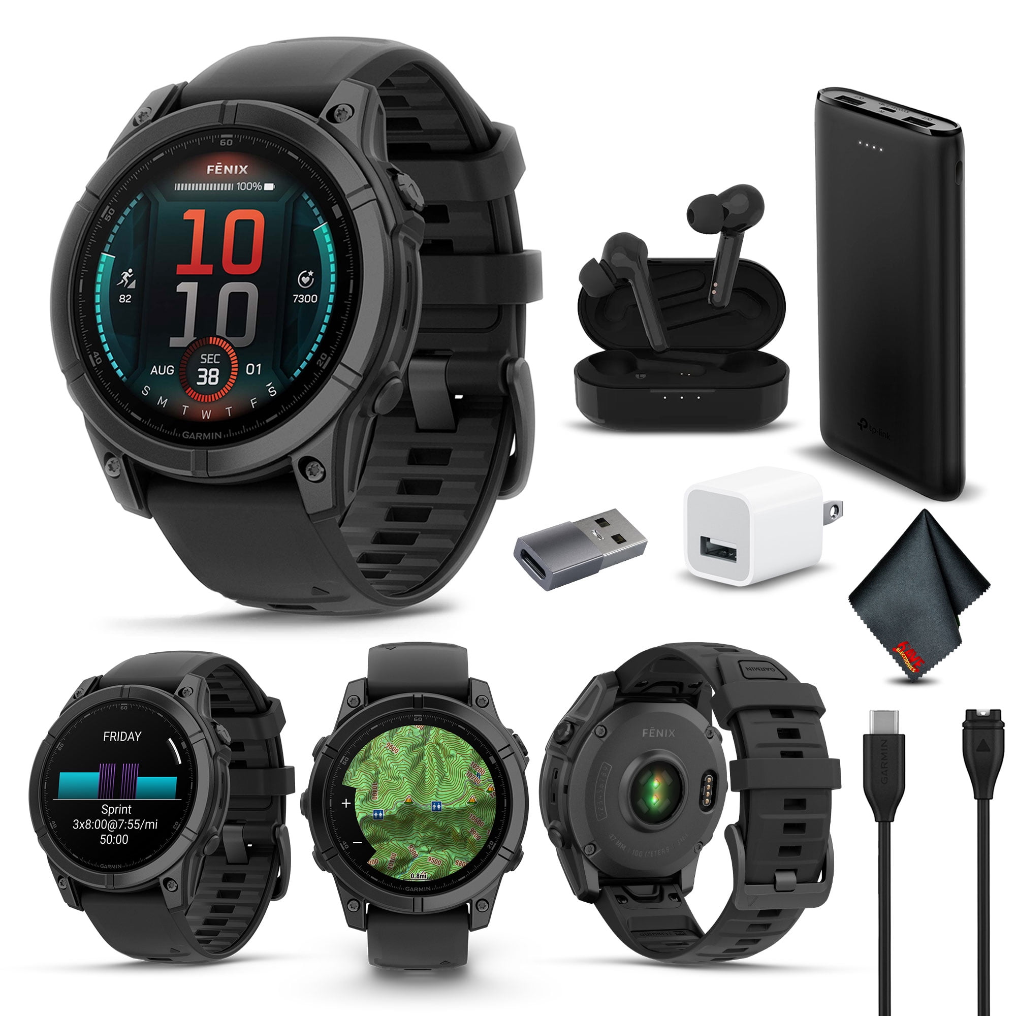 Garmin Fenix E 47MM AMOLED Premium Multisport GPS Smartwatch, 16 Days Long-Lasting Battery Life, Slate Gray Steel with Black Silicone Band, Fitness & Health Smart Watch Bundle for Men and Women