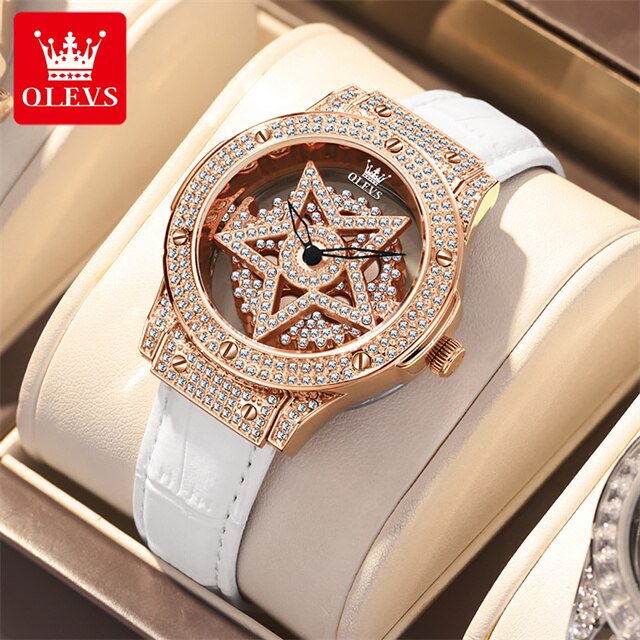 OLEVS Diamond Quartz Watch for Women Rotation Dial Star Snowflake Design Ladies Dress Wristwatch Bracelet Necklace Gift Box Set