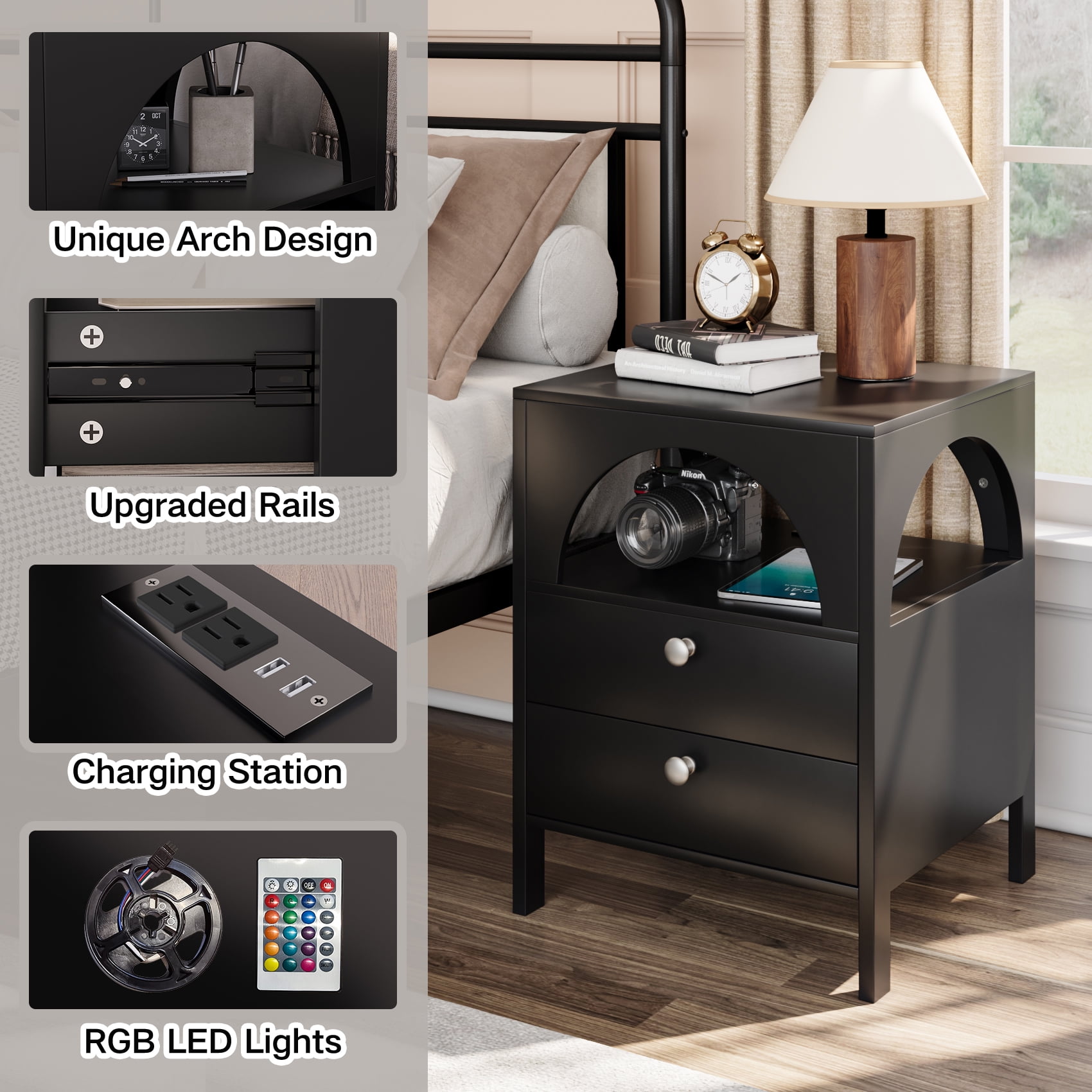 Semiocthome Modern Nightstand with Charging Station 2 Drawer,Bedside Table with USB Port,Black,Adult
