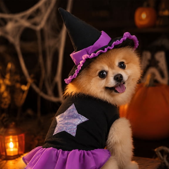 Halloween Witch Outfit, Purple Dress Set with Pointed Hat for Pet Halloween Party, Festive Cosplay Attire for Small Cats and Dogs