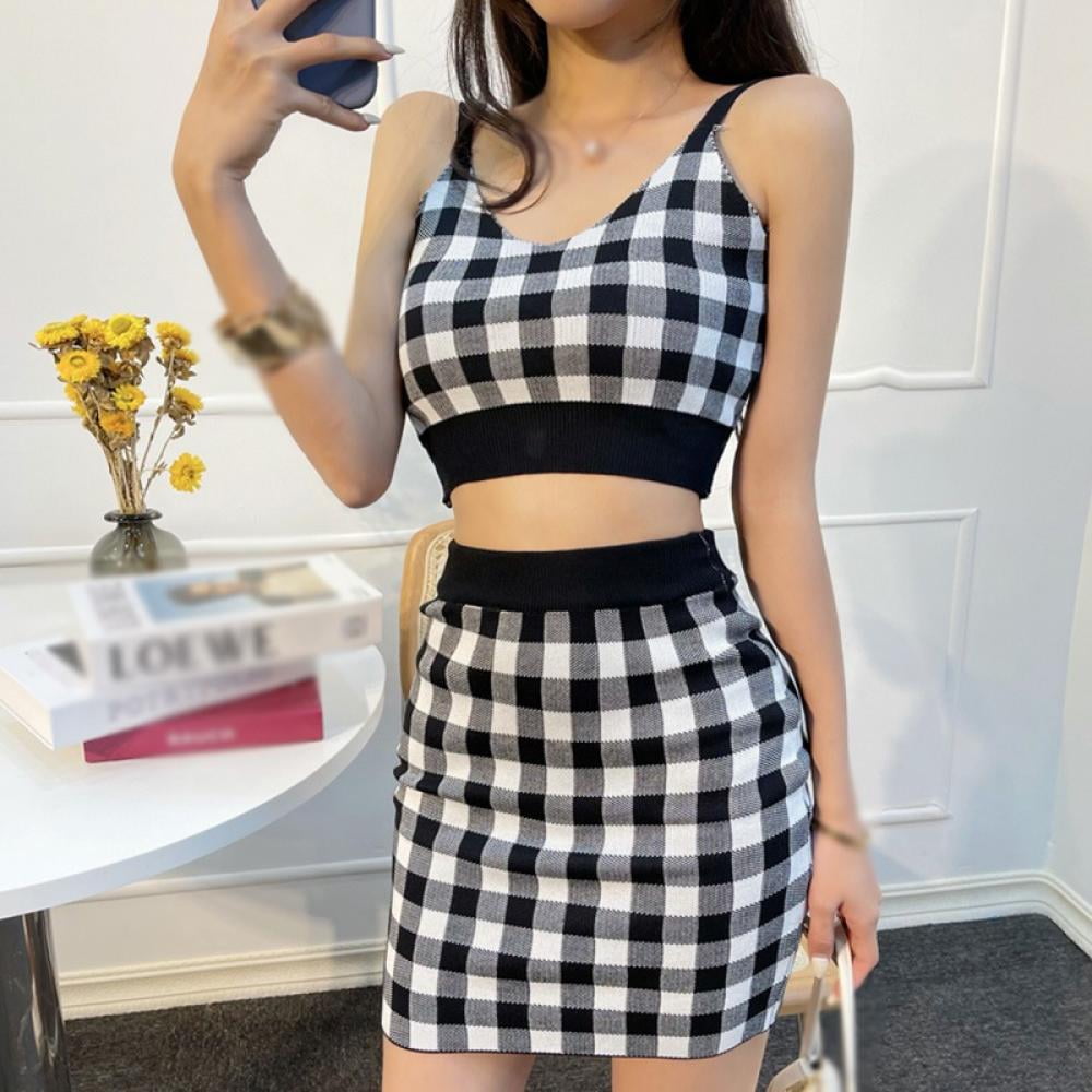 Plaid Bodycon Mini Knitted Dress 