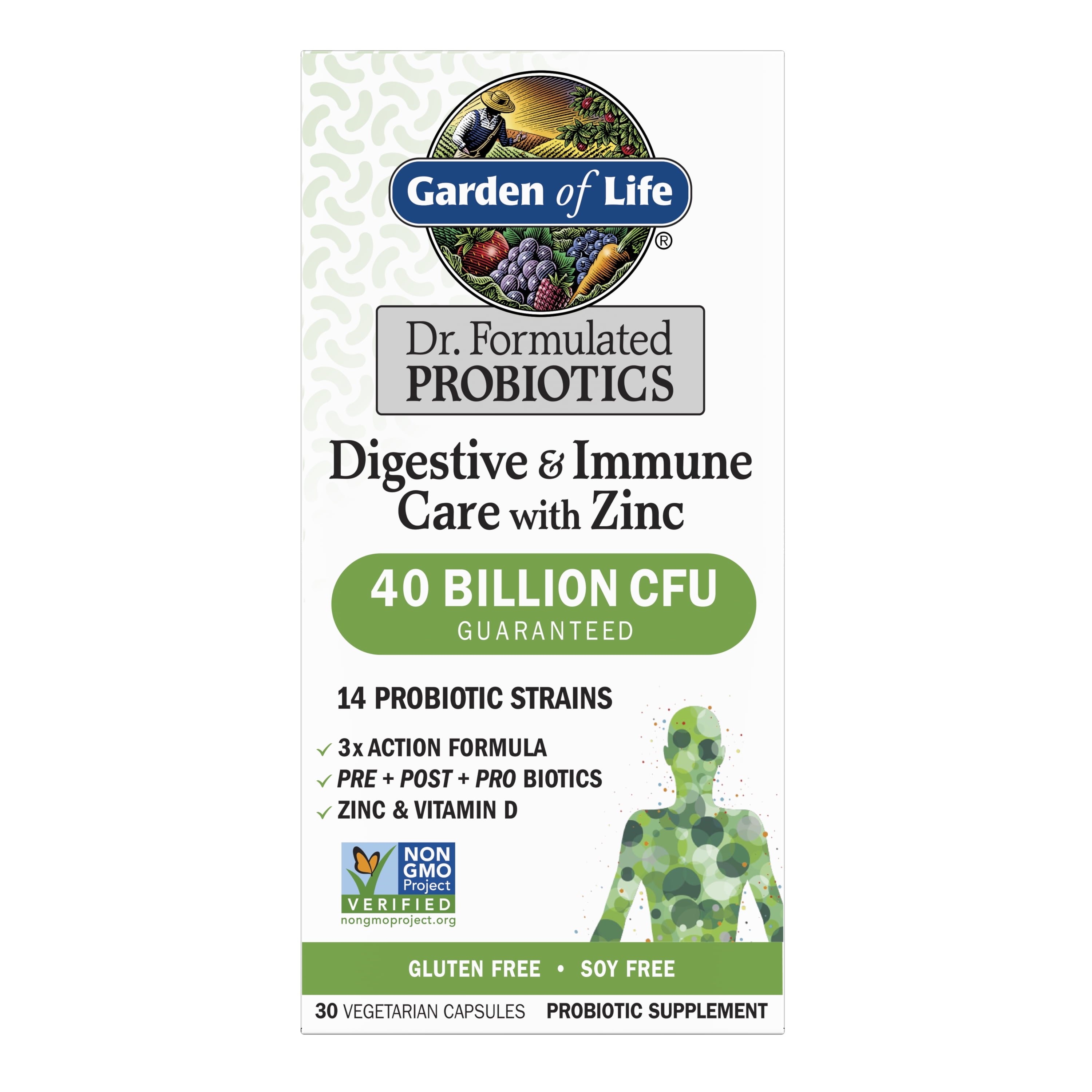 Garden of Life Dr. Formulated Digestive & Immune Care Probiotic Capsules with Zinc and Vitamin D, 40 Billion CFU, 30ct Capsules