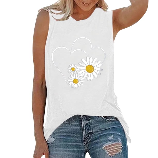 Camisetas sin mangas para mujer, chaleco fino de verano con estampado de margaritas y girasoles, chaleco sin mangas de manga corta, Jersey holgado informal, camisetas tipo túnica Fridja qr1929