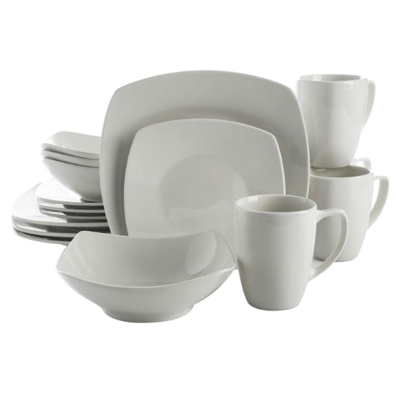 Porcelain Chip and Scratch Resistant Dinnerware Plates, Bowls, and Mugs Set, Service for 4 (16pcs), White (Square Dishes)