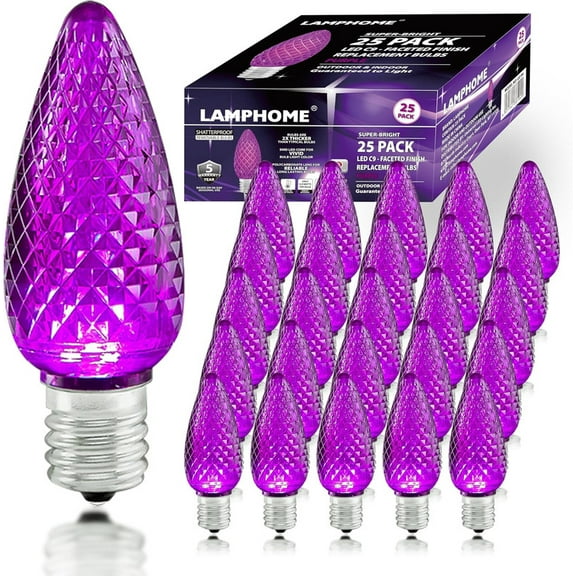 25 Pack Outlet Faceted C9 Christmas Lights, Holiday Decorative Light Bulb, 0.9 Watts, E17 Intermediate Base, Faceted Christmas Lights, Purple