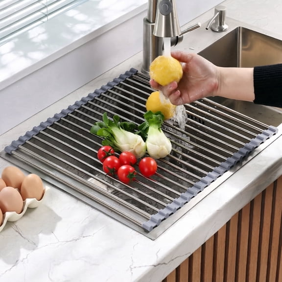 ReLuien Roll Up Dish Drying Rack, 16.5" x 15.1" Foldable Stainless Steel Dish Drainer Mat,Multipurpose Roll Up Sink Drying Rack for Kitchen Sink