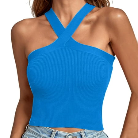

KI-8jcuD Cute Summer Tops for Teens Women Halter Neck Camisole Solid Color Tube Top Slim Short Vest T Shirt A Sleeveless Long Top Camisole with Bra Wo BlueS