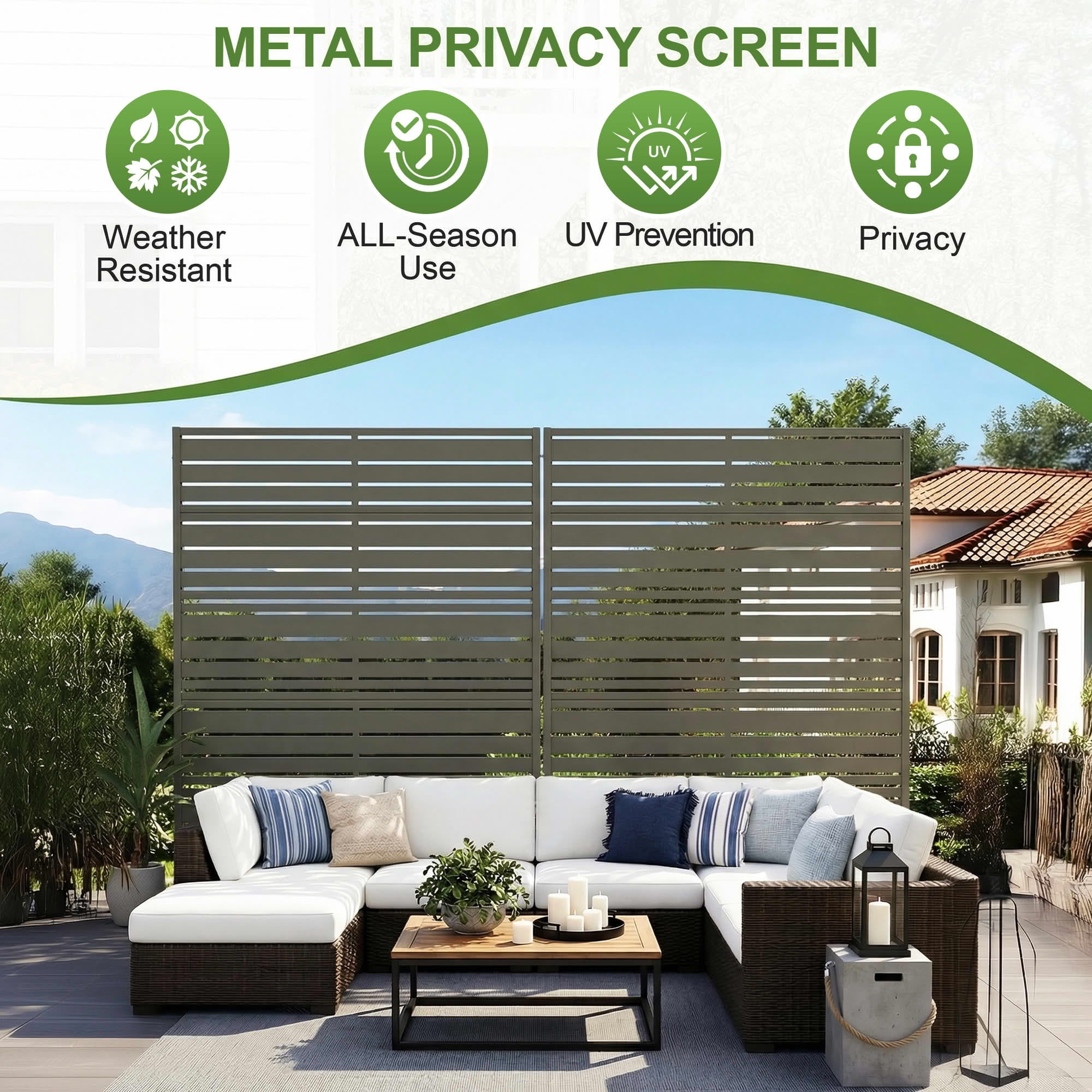 MAYEERTY Outdoor Gray Olive Privacy Fence Panel, 72"x47" Metal Louvered Screen with Wide-1 Narrow-2 Slats, Freestanding for Backyard Balcony