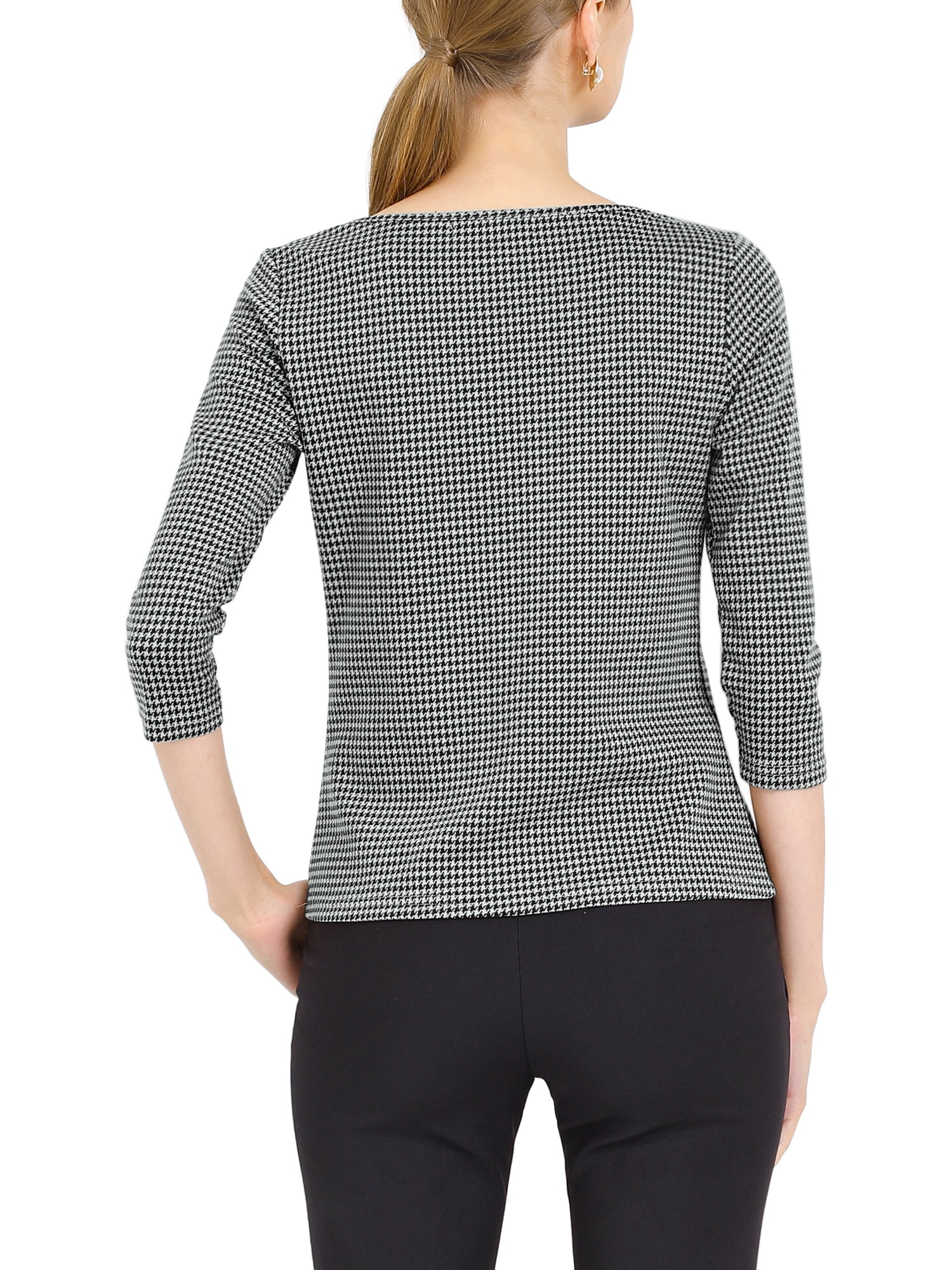 Unique Bargains Women's Work Office 3/4 Sleeve Boat Neck Houndstooth Top L Black