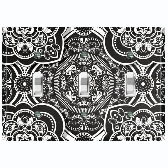Metal Light Switch Plate Cover Mandala Black White Floral Tile Pattern Damask MDL082