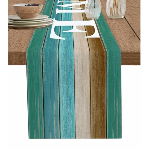 ERUNPONLY Teal Blue Brown Table Runner - 70 Inch Long Home Vintage Farmhouse Retro Wooden Cotton and Linen Blended Dress Scarves Farmhouse Table Runner for Kitchen Dining, Coffee Table, 13"x70"