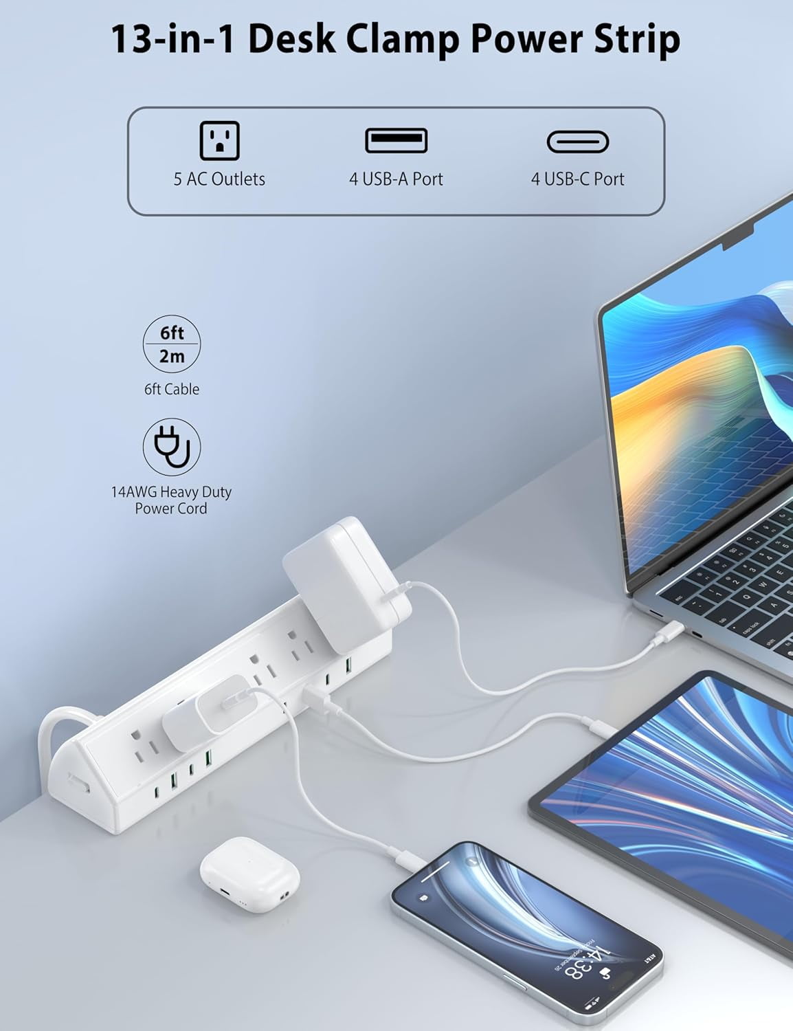 45W Fast Charging Station Desk Clamp Power Strip with 4 USB-C & 4 USB-A Ports, Surge Protector, 1875W Extension Cord, 6 FT, ETL Listed for Home Office Dorm, White