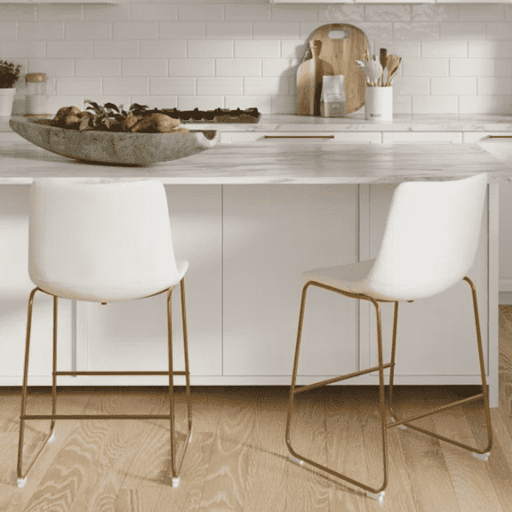 Take Me Home Furniture White PU Upholstered Counter Stool 26"H with Metal Gold Frame – Set of 2, Modern Bar Stool for Kitchen & Dining Room