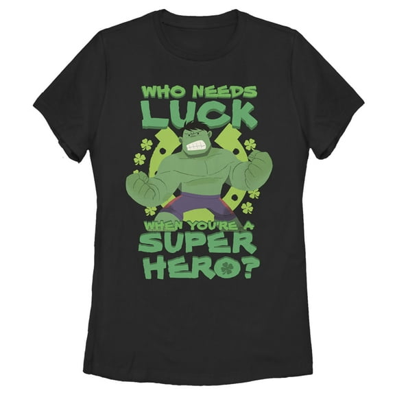 Women's Marvel St. Patrick's Day Hulk Who Needs Luck Graphic Tee Black X Large