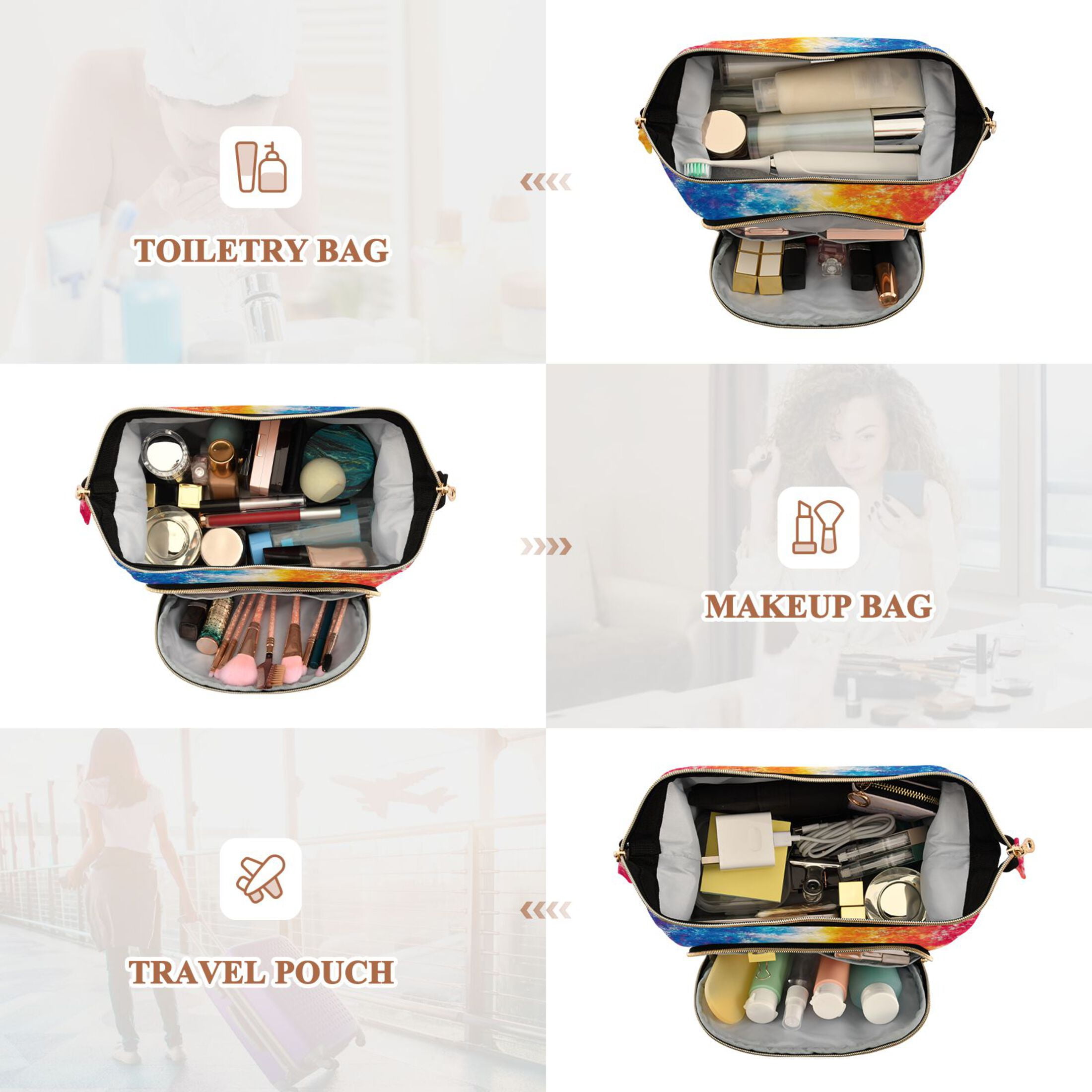 Wavy Quilted Cosmetic Bag Large-Capacity Travel Toiletry Organizer Includes 9-Piece Portable Travel Bottle Set Rainbow Color Tie-dye