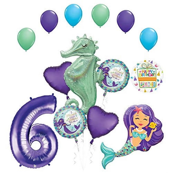 Mermaid Wishes and Seahorse 6th Birthday Party Supplies Balloon Bouquet Decorations