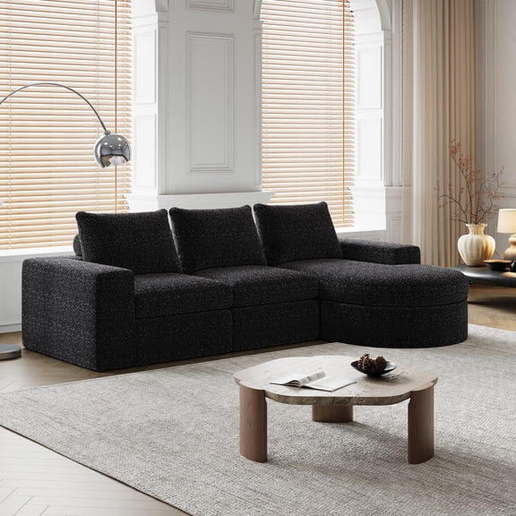 99-Inch Chenille Cloud Curved Sectional Sofa with Chaise, L-Shaped Modern Boneless Couch with Deep Seats, Chenille Sectional Sofa for Living Room and Bedroom, No Assembly Required (Black)