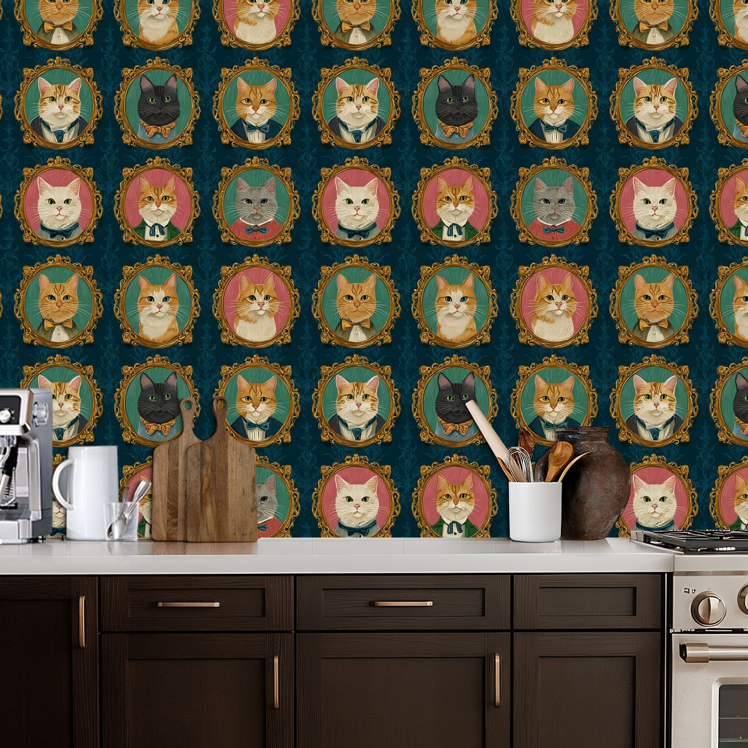Vintage Peel and Stick Wallpaper Cat Portrait Ornate Gold Frames Elegant Dark Wall Mural 17.7in x 9.8ft Self Adhesive Removable Wall Paper Renter Friendly Wallpaper for Nursery Bedroom Cabinets