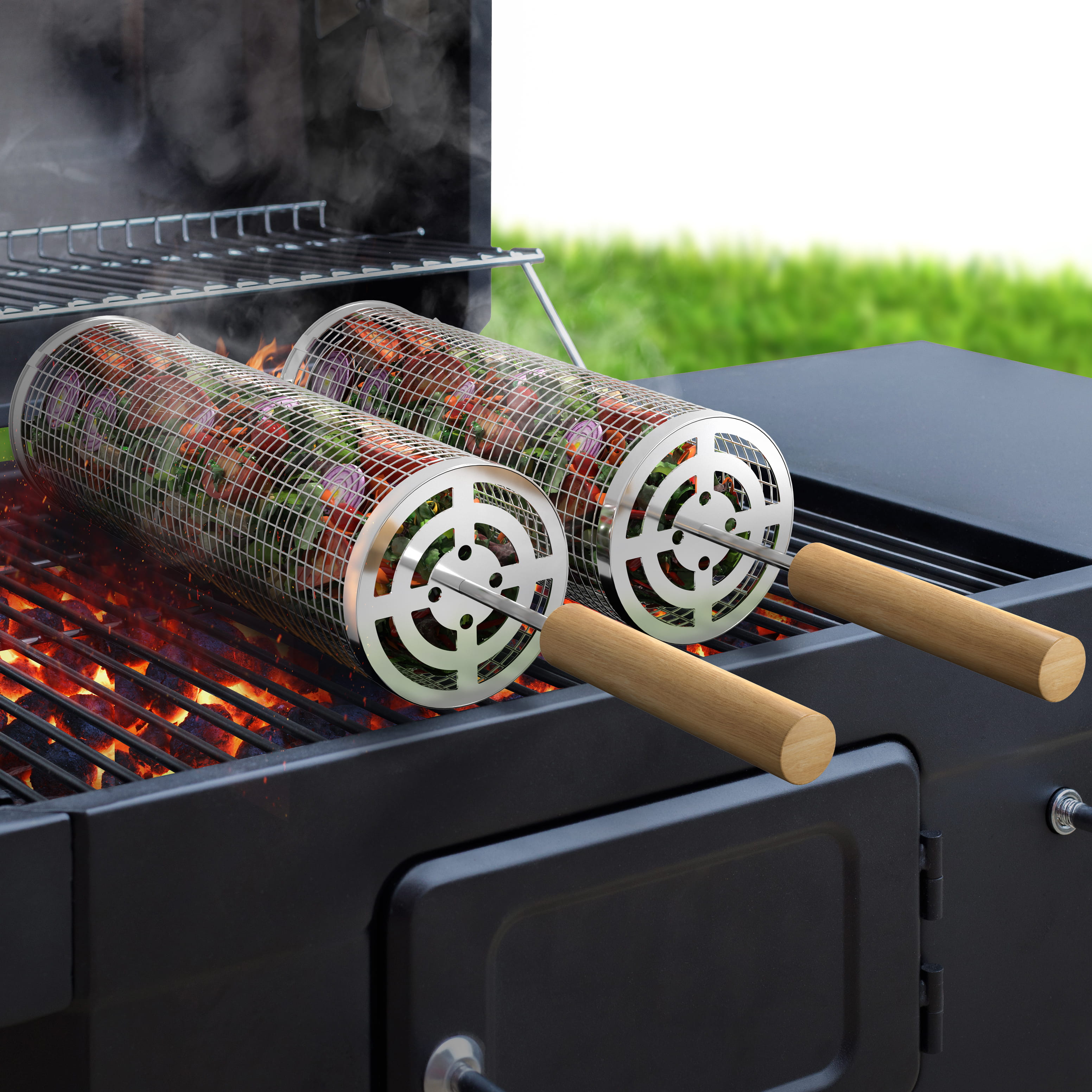 Sorbus 2-Pack Rolling Grill Baskets, 304 Stainless Steel, Removable Wood Handles, Nesting BBQ Basket