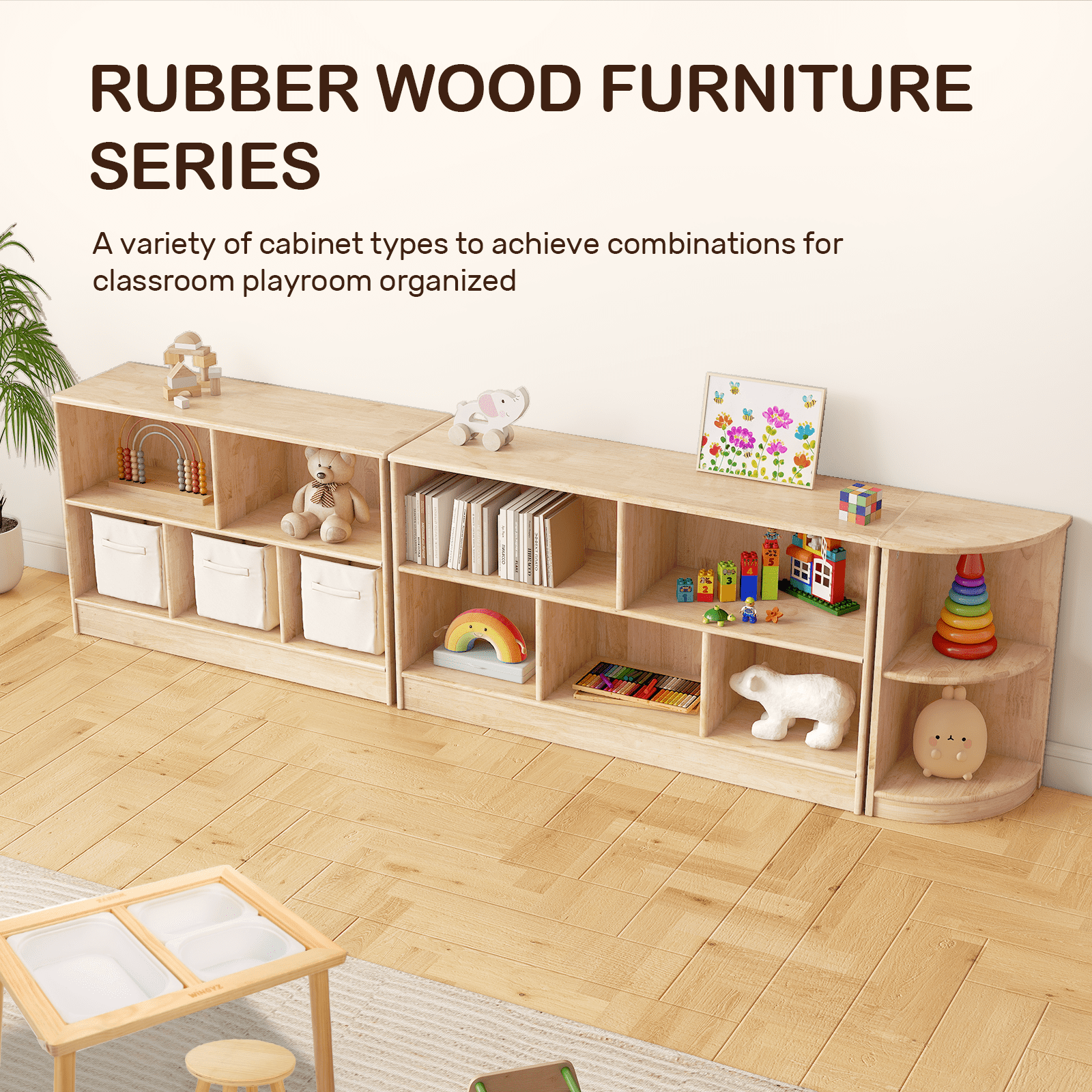Kids Bookshelf and Toy Storage Rubber Wood 5 Cube Storage Organizer, 35.4" L Montessori Book Shelf For Kids Rooms Classroom Nursery Daycare
