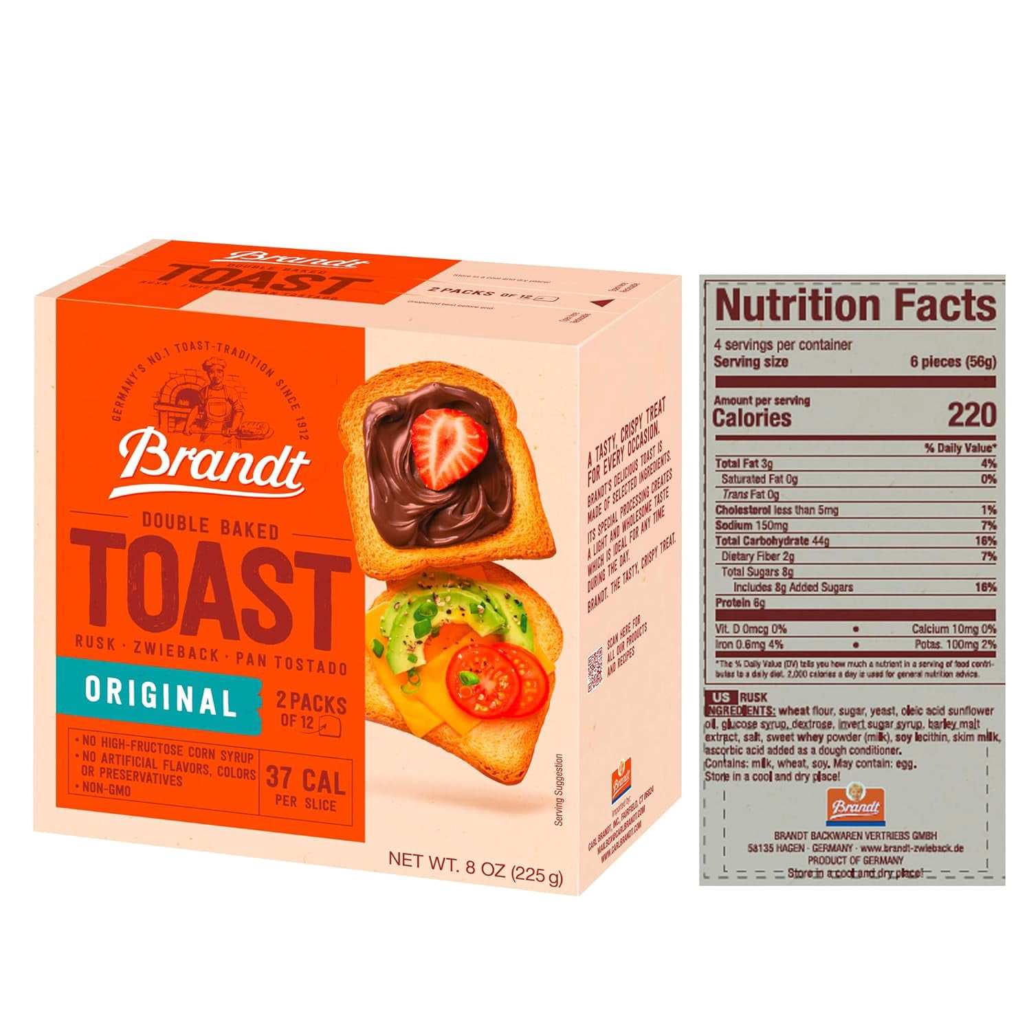 Brandt Zwieback Rusk ,Sweetened Crispy Bread,Perfect for Teething Children ,Enjoy With Sweet or Savory toppings,8 oz, 3 Pack