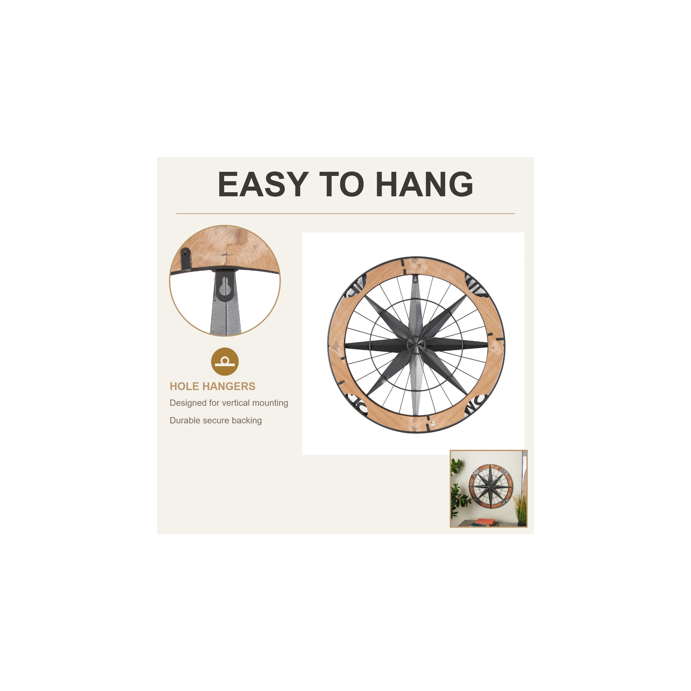 DecMode Gray Metal Compass Wall Decor with Wood Frame