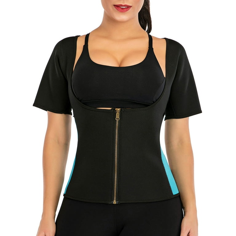 Women's Neoprene Sauna Suit Short Sleeves Waist Trainer Zipper Vest with  Adjustable Waist Trimmer Belt Body Shaper Corset