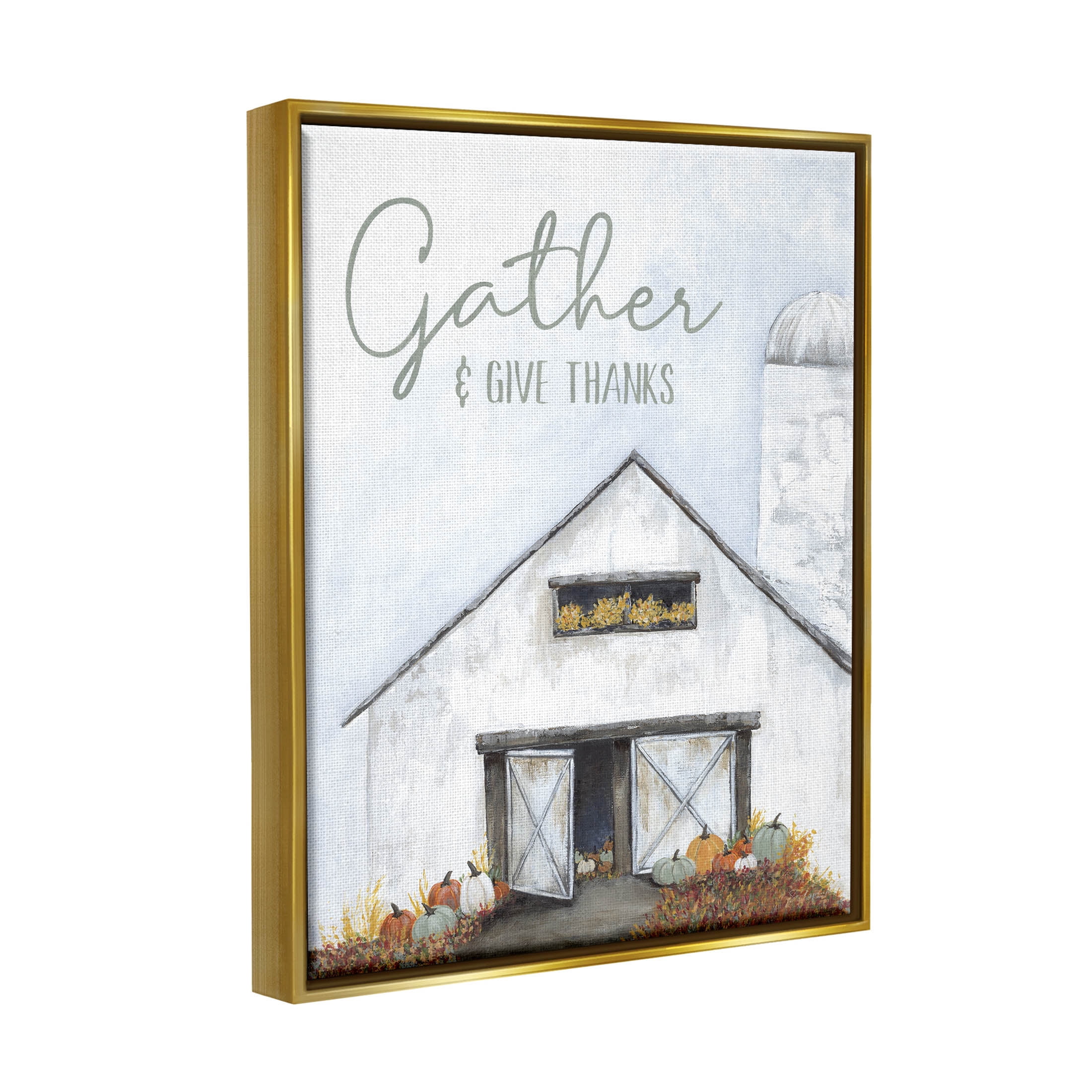 Gather & Give Thanks Autumn Barn Holiday Graphic Art Metallic Gold Framed Art Print Wall Art